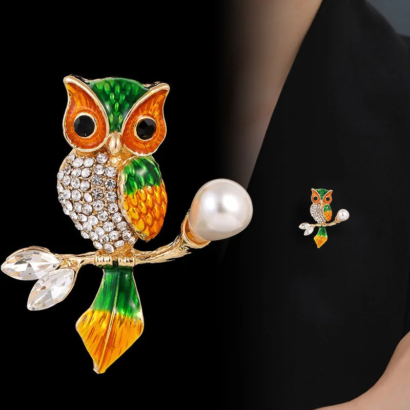 Rhinestone Pearl Owl Brooch