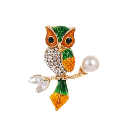 Rhinestone Pearl Owl Brooch