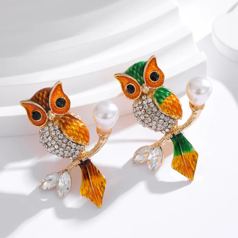 Rhinestone Pearl Owl Brooch