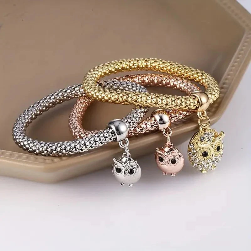 Set Heart Lock Key Music Sign Charm Bracelet Owl Rose