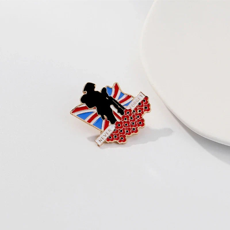 Poppys Floral Brooch Soldier Standing Behind Flag Remembrance Day