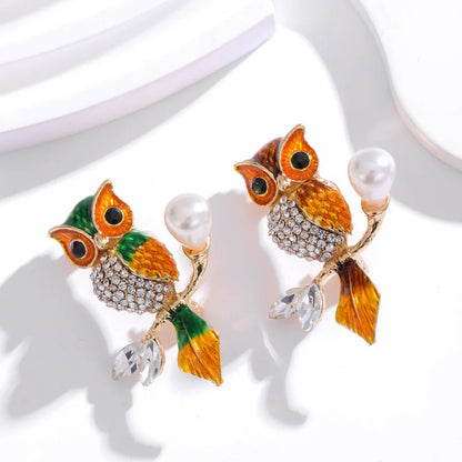 Rhinestone Pearl Owl Brooch