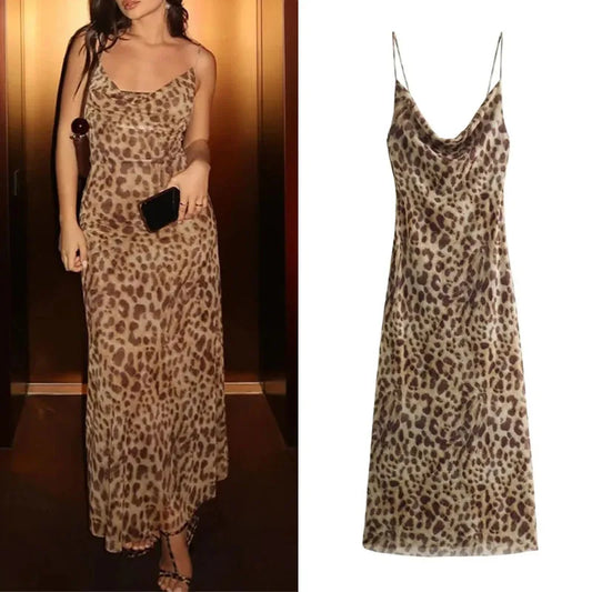 Leopard Print Long Dress Backless Slip